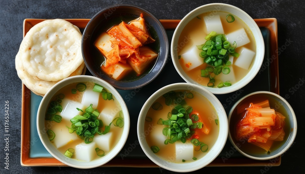 Traditional Korean Tteokguk Soup with Rice Cakes and Kimchi on a Dark Plate Traditional Korean Tteokguk Soup with Rice Cakes and Kimchi on a Dark Plate