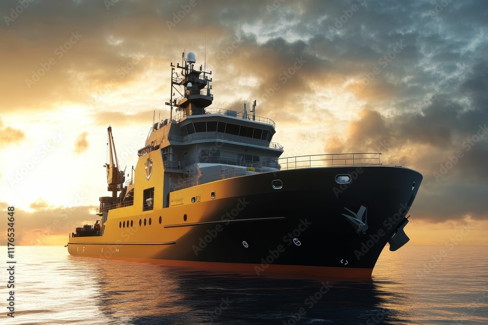 Obraz premium Large ship at sunset, calm sea.