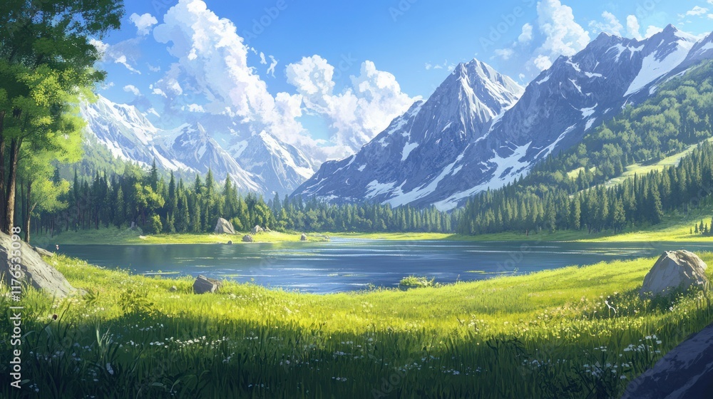 Fototapeta premium Rolling green meadows at the foot of towering alpine peaks, a serene forest lining a tranquil lake under a bright blue sky.