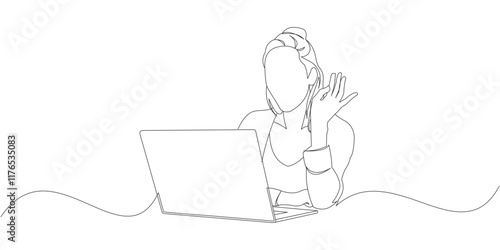 Line Art Illustration of a Woman Working on a Laptop with a Hand Gesture eps 1