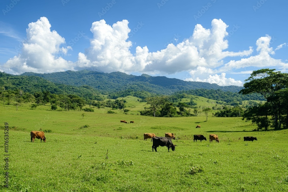 Cattle graze green pasture, mountains backdrop. Cattle graze green pasture, mountains backdrop.