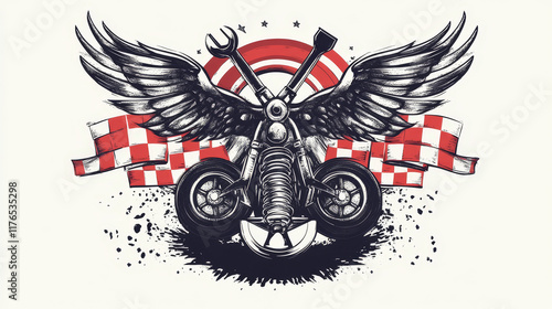 Winged wheel, tires with racing flags and motorcycle, open wheel race car and spark plug with crossed spanners and flags. Motorsports theme symbols and icons photo