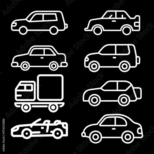 Transporttation vehicles automobile traffic of trasport car van truck White siluete side view pictograms icons outline set colletions vector flat design black background