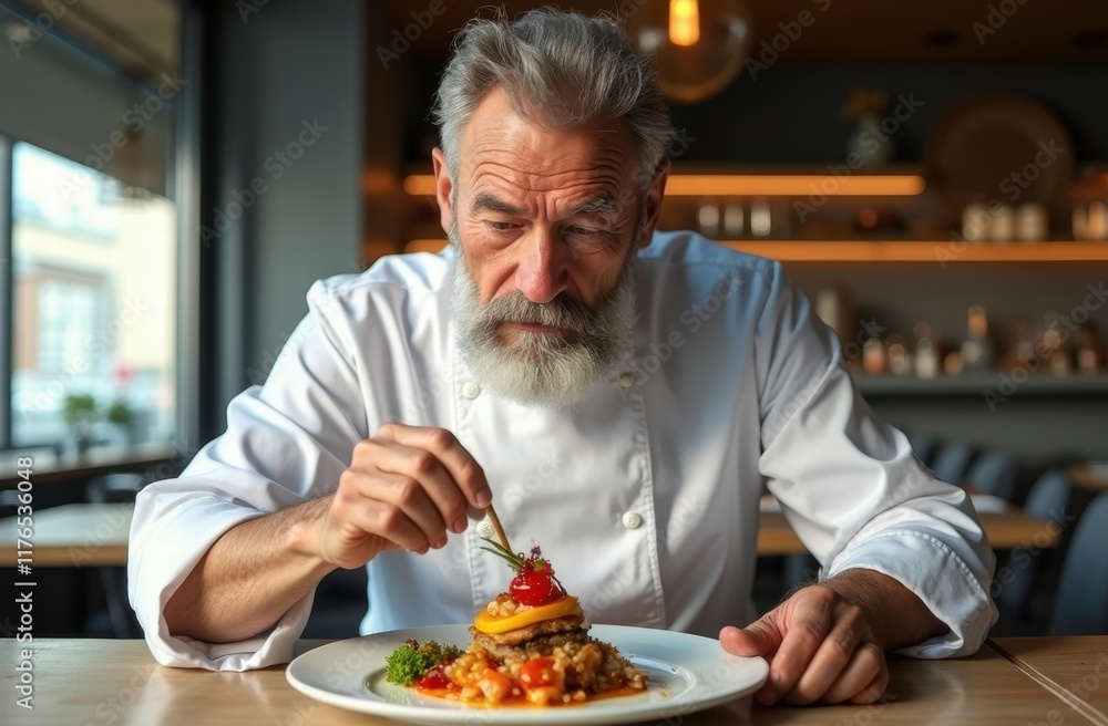 Portrait of an old Head chef aged 50-60 with a thick, graying beard, carefully curating a beautiful dish in a modern restaurant setting bathed in natural daylight
Portrait of an old Head chef aged 50-60 with a thick, graying beard, carefully curating a beautiful dish in a modern restaurant setting bathed in natural daylight