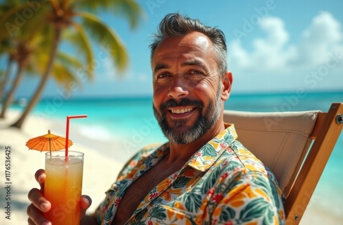 Portrait of a man aged 35-40 with a well-groomed beard, captured mid-relaxation on a pristine tropical beach with a pina colada drink

