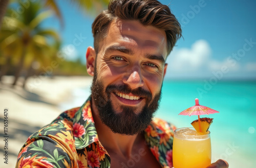 Portrait of a man aged 35-40 with a well-groomed beard, captured mid-relaxation on a pristine tropical beach with a pina colada drink

