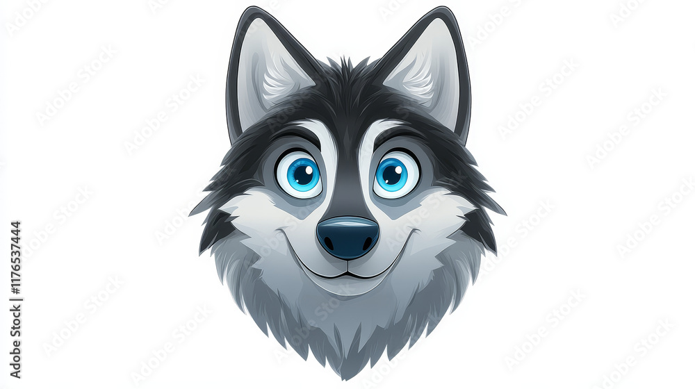 Cartoon grey wolf standing sideways looking at the viewer with blue eyes, suitable for kids design Cartoon grey wolf standing sideways looking at the viewer with blue eyes, suitable for kids design