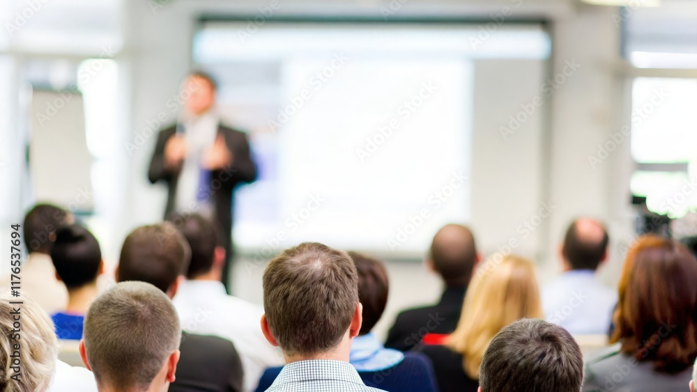 Business Lecture with Blur Effect: A blurred university or business lecture hall with a professional speaker in focus.
Business Lecture with Blur Effect: A blurred university or business lecture hall with a professional speaker in focus.