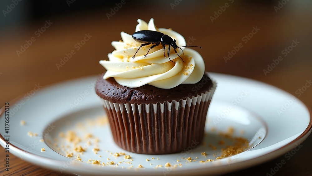 A close-up view of a cockroach sitting on creamy cupcake served on a white plate, emphasizing unsanitary conditions, contamination dangers, and food safety concerns A close-up view of a cockroach sitting on creamy cupcake served on a white plate, emphasizing unsanitary conditions, contamination dangers, and food safety concerns
