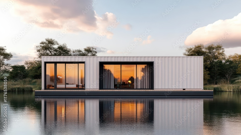 A beautifully designed floating container house on a serene lake with a clean, modern aesthetic A beautifully designed floating container house on a serene lake with a clean, modern aesthetic