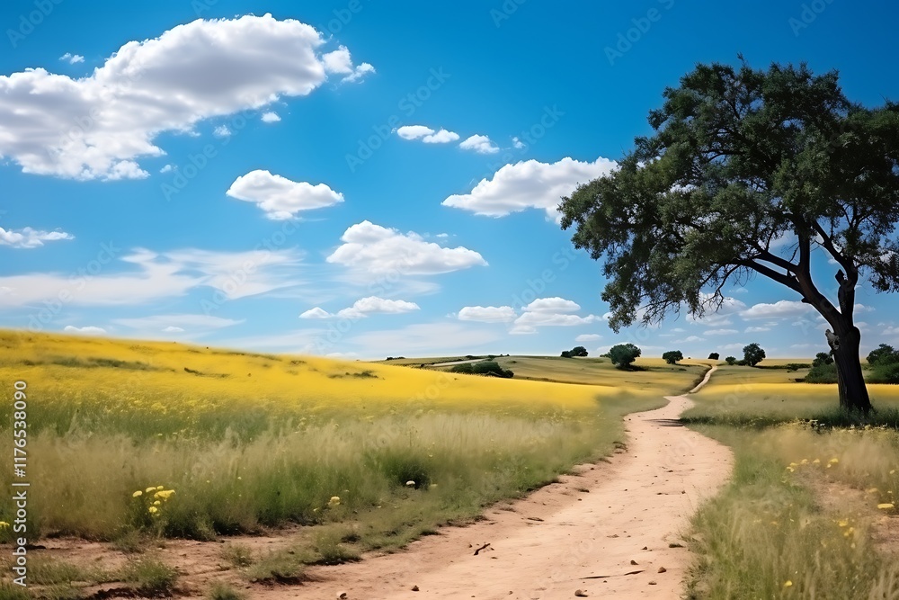Obraz premium Scenic landscape with a winding path through fields and trees.