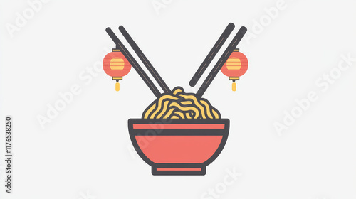 Chinese cuisine icon with noodles, red lantern and sticks. Asian China restaurant vector symbol. Chinese food menu icon with lamian, mein soba or ramen and udon noodles in bowl with chopsticks photo