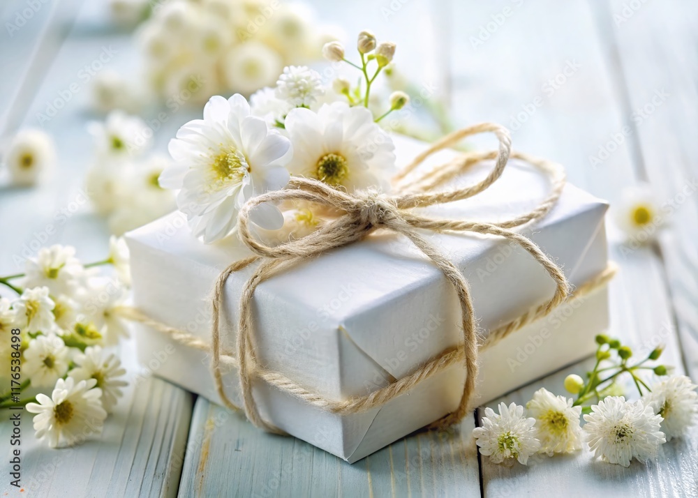 White Box with String and White Flowers - Macro Photography Stock Photo White Box with String and White Flowers - Macro Photography Stock Photo