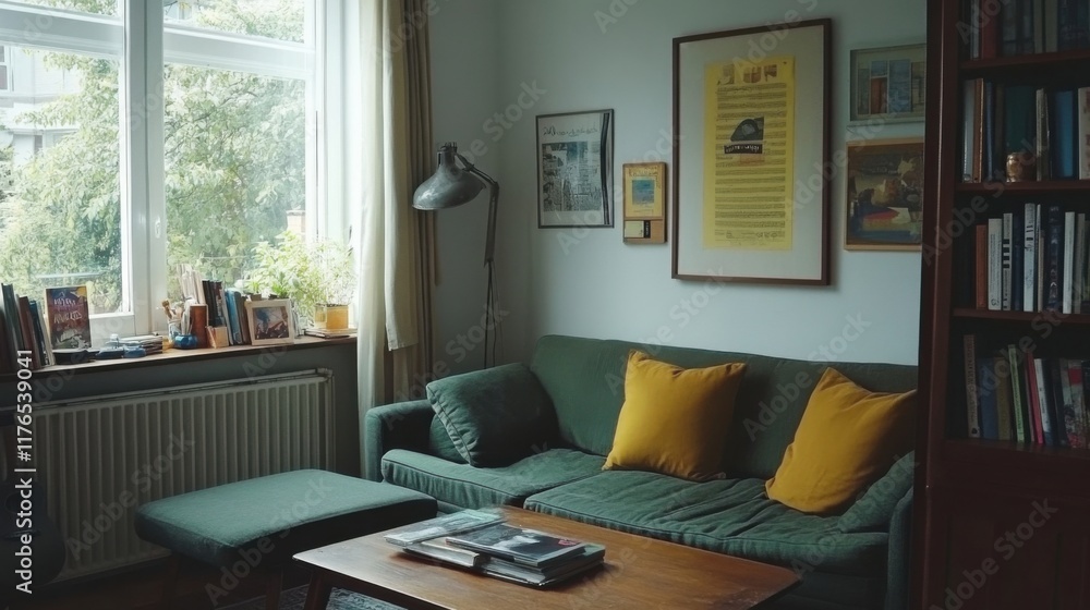 Fototapeta premium a living room with a green couch and a coffee table