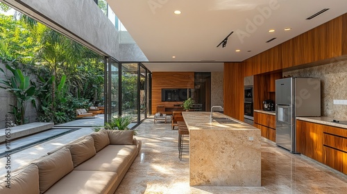 Luxurious Modern Home Interior with Indoor Garden and Open Plan Kitchen