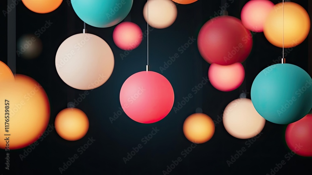 A captivating display of hanging decorative spheres in vibrant colors against a dark background, creating a playful and cheerful ambiance. A captivating display of hanging decorative spheres in vibrant colors against a dark background, creating a playful and cheerful ambiance.