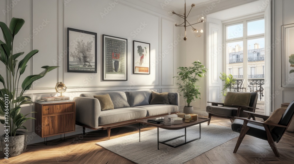 a living room with a couch, chair, coffee table and a plant a living room with a couch, chair, coffee table and a plant