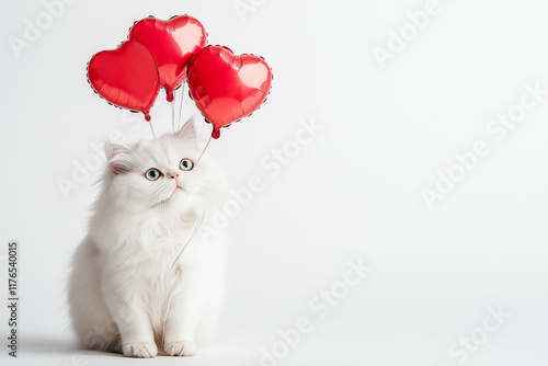 White cat with red heart-shaped balloon. Happy Valentine day on white background