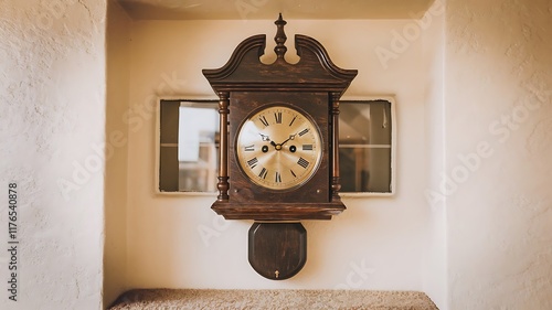 old clock on wooden wall, Antique Wooden Wall Clock with Classic Timepiece Design, Vintage Wooden Wall Clock with Retro Time Display, Rustic Old-Fashioned Clock Hanging on Wooden Wall
