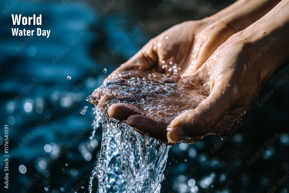 Fototapeta premium World Water Day: Celebrating the Vital Resource With Flowing, Clean Water in Hands - Awareness and Preservation Focus