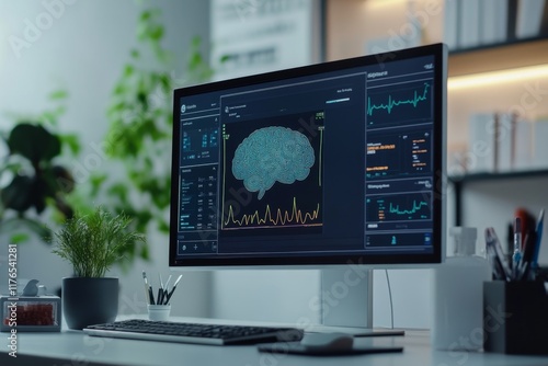 Modern Workspace with Brainwave Analysis on Computer Screen in Contemporary Office Setting photo