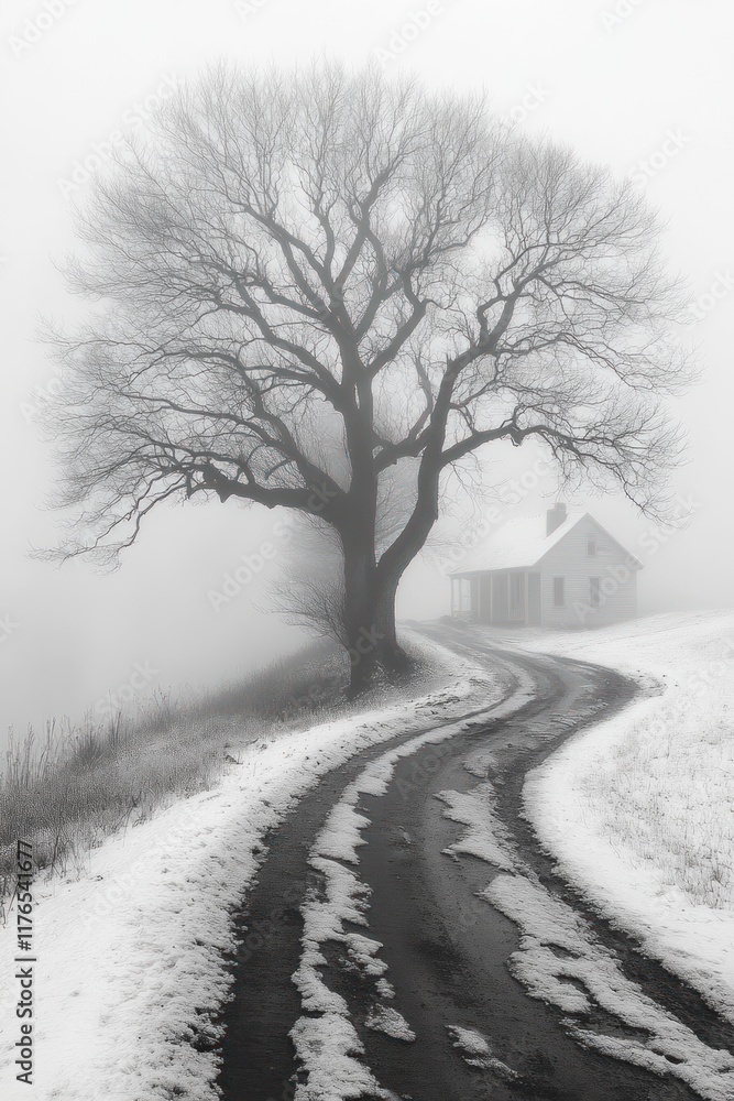 Foggy winter scene: snow, road, house, bare tree. Foggy winter scene: snow, road, house, bare tree.