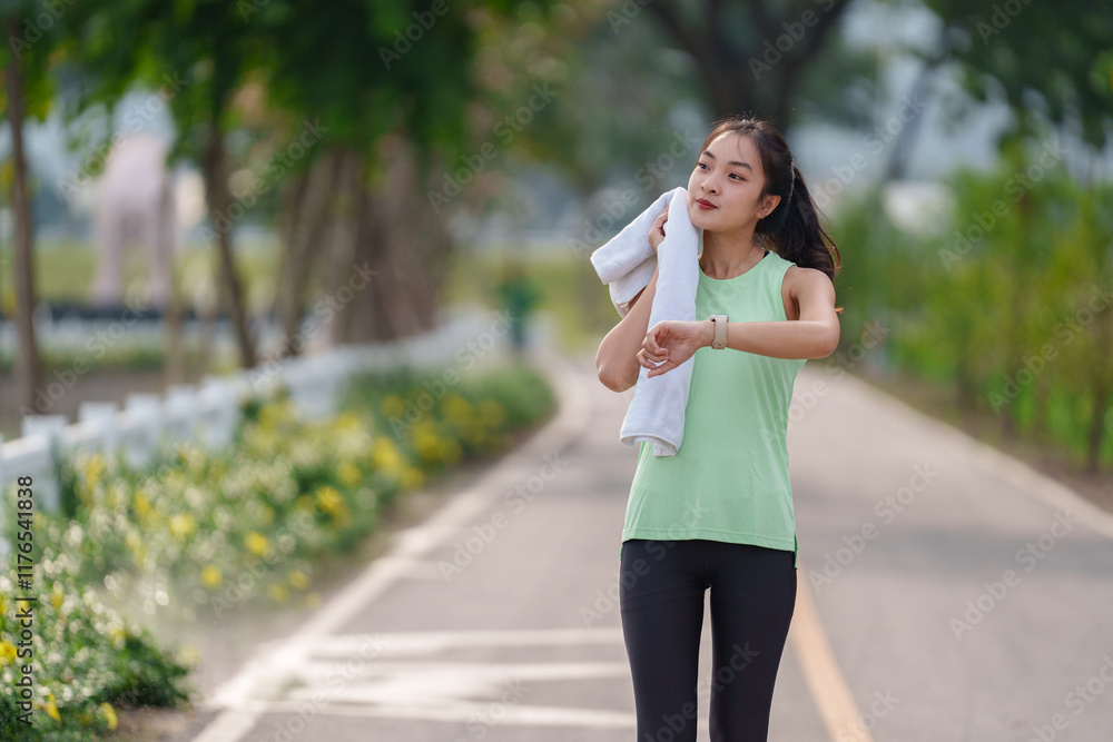 Young sporty asian woman wiping sweat with a towel while checking the time on her smartwatch after an invigorating run in the park, enjoying the fresh air and sunshine Young sporty asian woman wiping sweat with a towel while checking the time on her smartwatch after an invigorating run in the park, enjoying the fresh air and sunshine