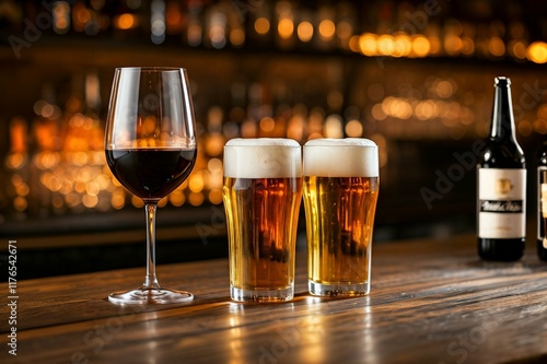 A glass of red wine and two pints of beer on a bar with a blurred background of liquor bottles.