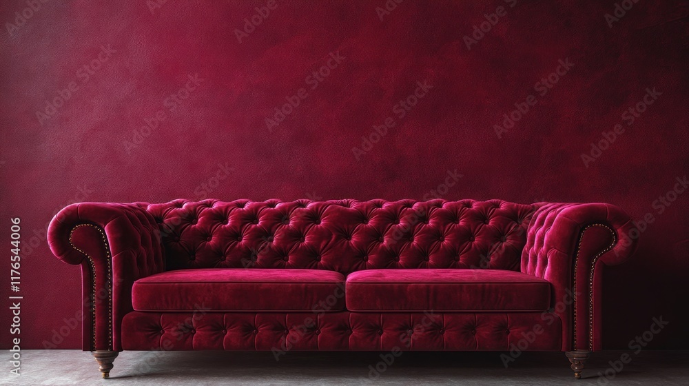 Obraz premium A plush, burgundy velvet sofa against a matching textured wall, ideal for interior design.