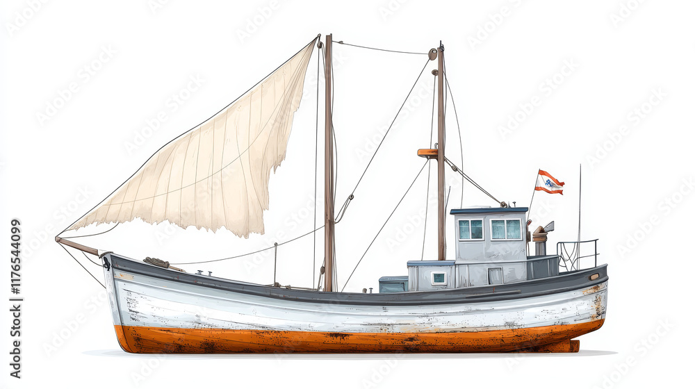Sailboat with canvas or fiberglass cloth isolated. Vector fishing boat with sails and flag Sailboat with canvas or fiberglass cloth isolated. Vector fishing boat with sails and flag