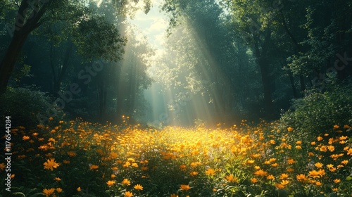 Wallpaper Mural Sunlit forest path, vibrant yellow wildflowers. Torontodigital.ca
