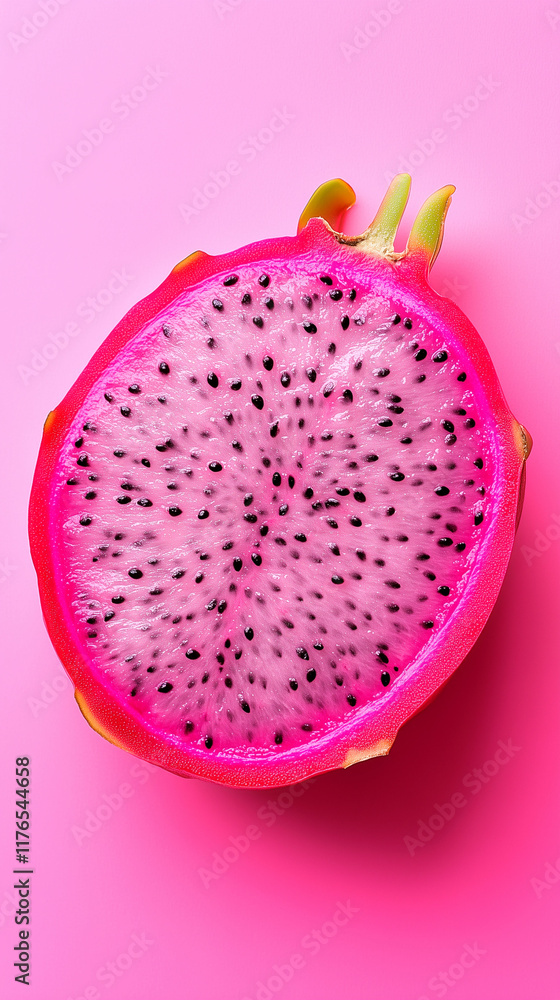 Vibrant dragon fruit slice reveals unique texture and color on a pink background Vibrant dragon fruit slice reveals unique texture and color on a pink background