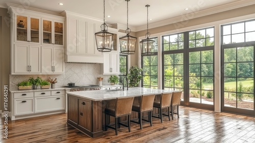 Luxurious Farmhouse Kitchen with Large Windows and Island