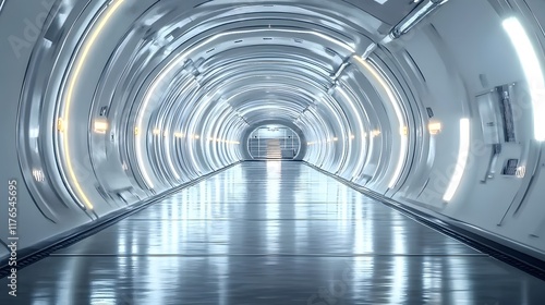 Large white and silver futuristic corridor with glowing lights along the walls, featuring a sleek round shape and modern architectural design. A perfect setting for sci-fi and innovative technological