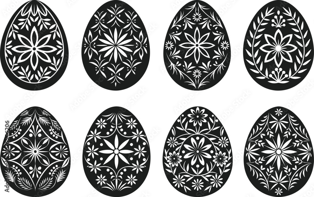 Fototapeta premium Set of Ornamental Floral Easter Egg Silhouette Vector Illustrations