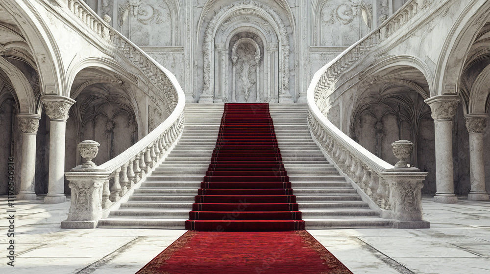 Castle and palace staircase. Marble stairs with red carpet, vector element of interior. Cartoon staircase of medieval royal castle, fairy or fantasy kingdom palace. White stone stairway front view Castle and palace staircase. Marble stairs with red carpet, vector element of interior. Cartoon staircase of medieval royal castle, fairy or fantasy kingdom palace. White stone stairway front view