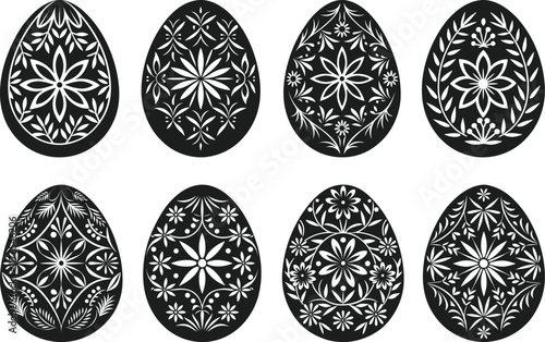 Set of Ornamental Floral Easter Egg Silhouette Vector Illustrations