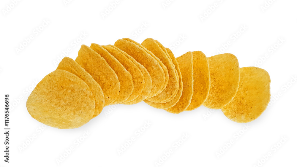 Row of isolated crispy chips. Group of delicious potato chips isolated on white background with clipping path. Top view, flat lay. Row of isolated crispy chips. Group of delicious potato chips isolated on white background with clipping path. Top view, flat lay.