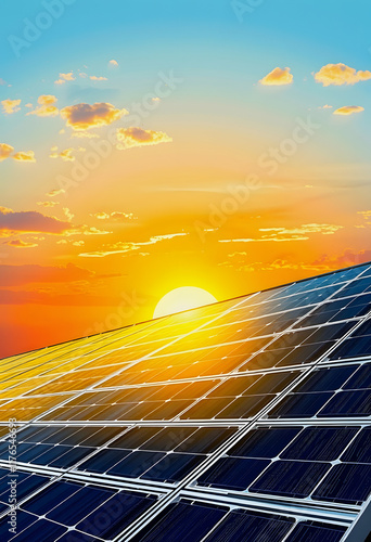 Photovoltaic solar panels on sunset sky background, green clean energy concept background, color sketch, with white tones