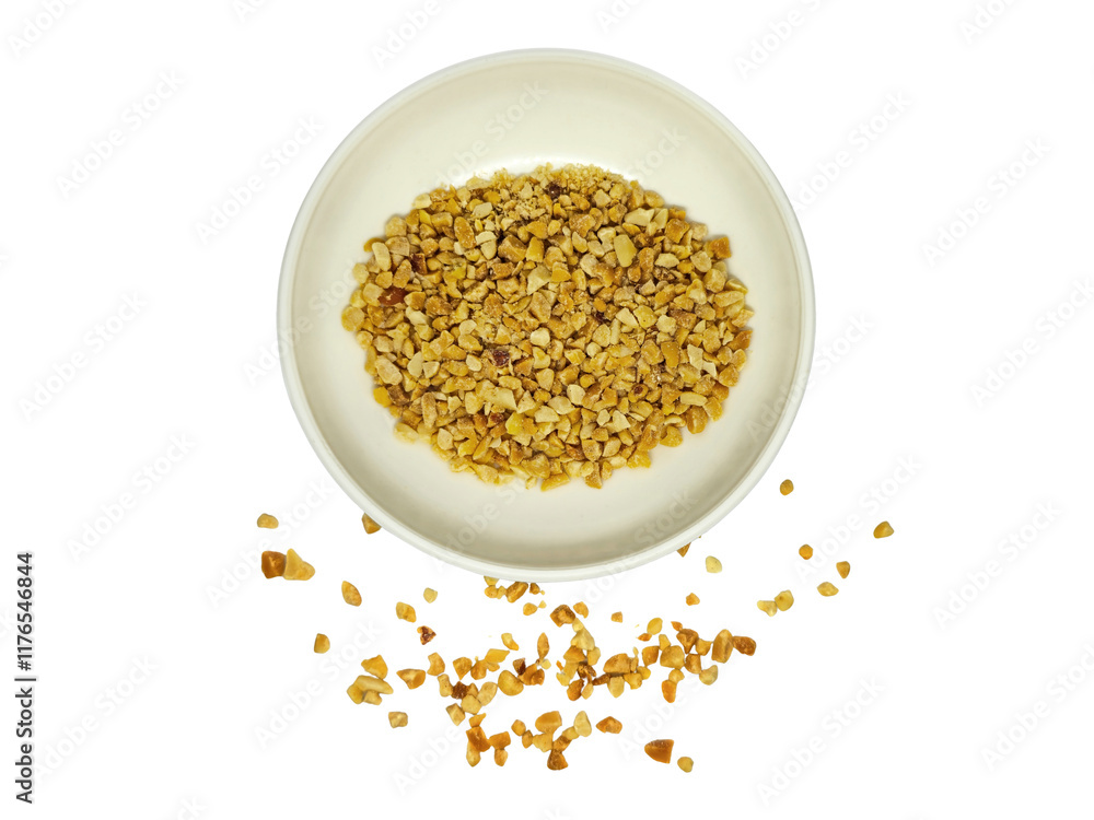 Top view of Crushed Peanuts in a white bowl and scattered on isolated white background. Crumbled Roasted Nuts, Heap of Pea Nut Crumbs. Ground, milled, crushed or granulated peanut pile isolated. Top view of Crushed Peanuts in a white bowl and scattered on isolated white background. Crumbled Roasted Nuts, Heap of Pea Nut Crumbs. Ground, milled, crushed or granulated peanut pile isolated.