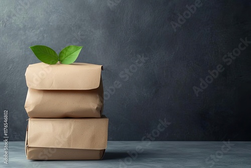 Stacked brown paper bags with fresh green leaves on top, set against a dark background, symbolizing sustainable packaging and eco-friendly practices. photo