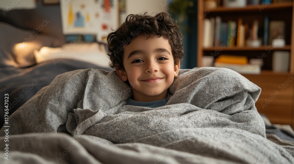 Happy child in cozy bed, bedroom background Happy child in cozy bed, bedroom background