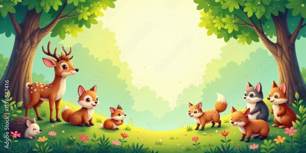 Naklejka premium A Serene Woodland Gathering of Adorable Animals in a Lush Green Meadow