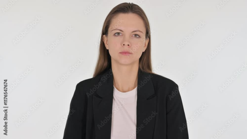 Portrait of Tense Businesswoman in Denial on White Background Portrait of Tense Businesswoman in Denial on White Background