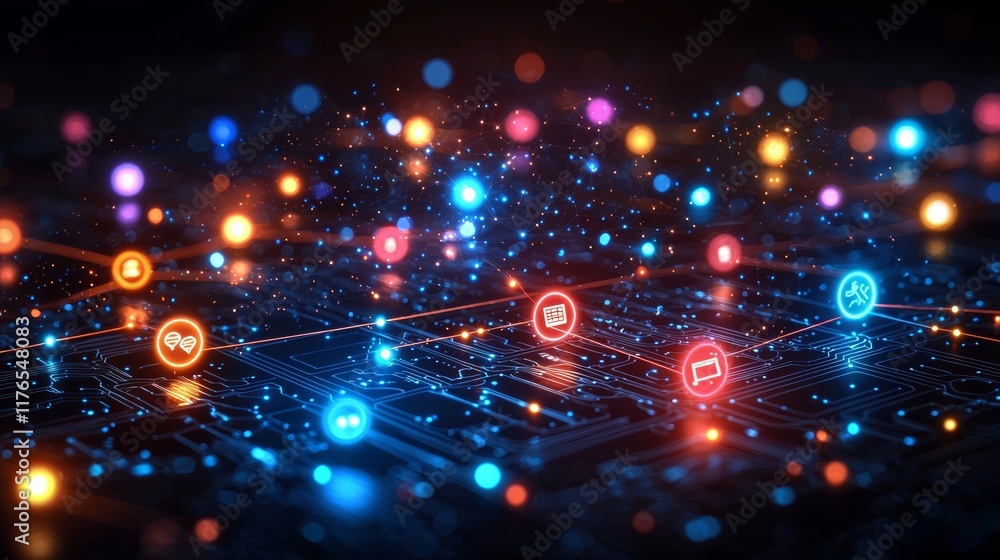 Obraz premium Abstract digital network with glowing icons and connections on a circuit board.