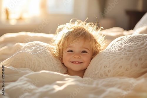 Wallpaper Mural Happy toddler in bed, morning sunlight, bedroom Torontodigital.ca