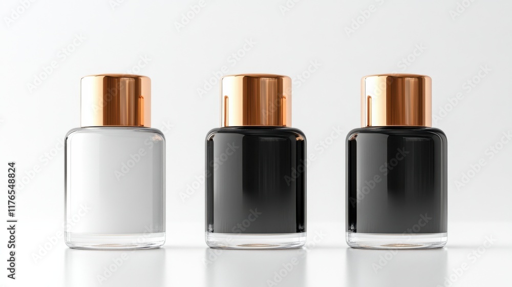 three bottles of perfume with gold caps on a white surface three bottles of perfume with gold caps on a white surface