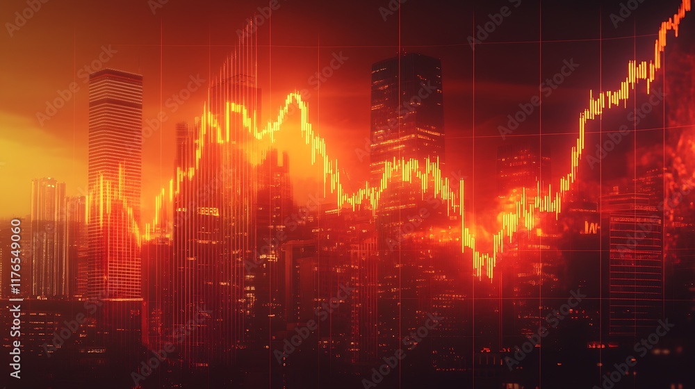 Dramatic urban skyline with dynamic stock market chart overlay at sunset for financial themes : Generative AI Dramatic urban skyline with dynamic stock market chart overlay at sunset for financial themes : Generative AI