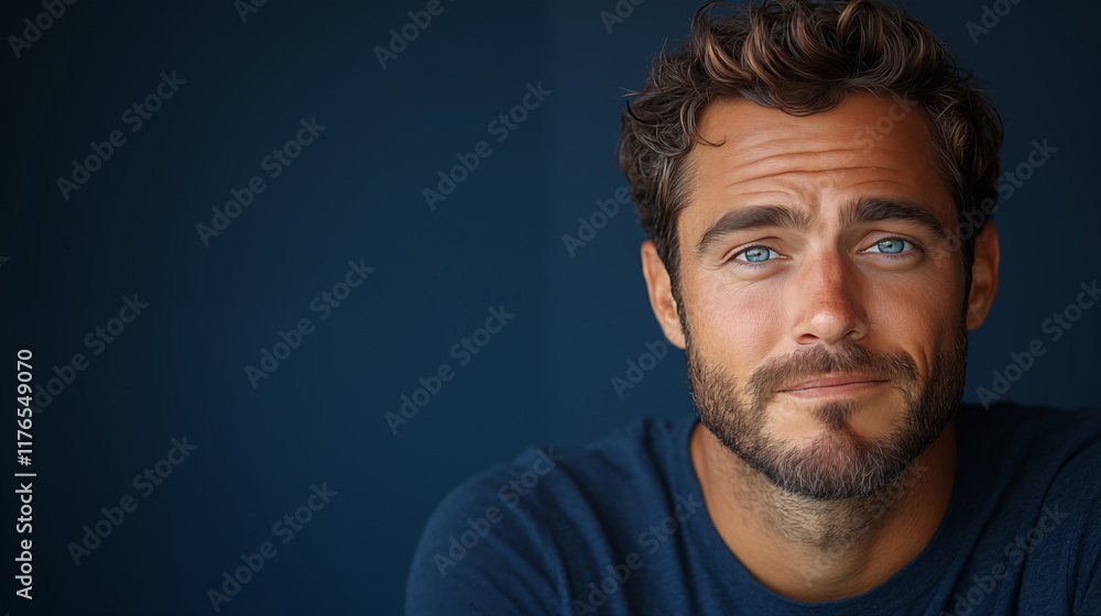 Fototapeta premium Male portrait with blue eyes against dark background highlighting dramatic lighting