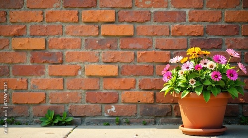 Vibrant flowerpot with a colorful array of daisies sits against a rustic brick wall, bathed in sunlight.
